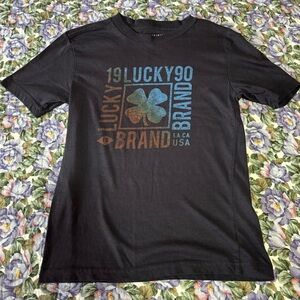 Lucky Brand Black Tee with Blue and Brown Graphics